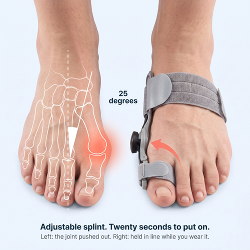 The joint pushed out, and the same foot with the BunionCore splint holding the toe in line