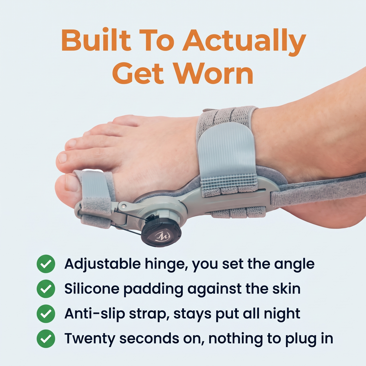 BunionCore features, adjustable hinge and silicone padding
